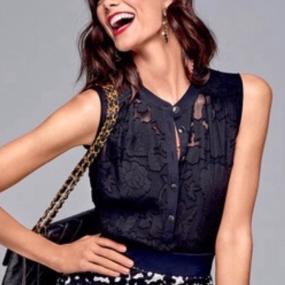 CABI Black Jacquard Clip Art Blouse Size XS